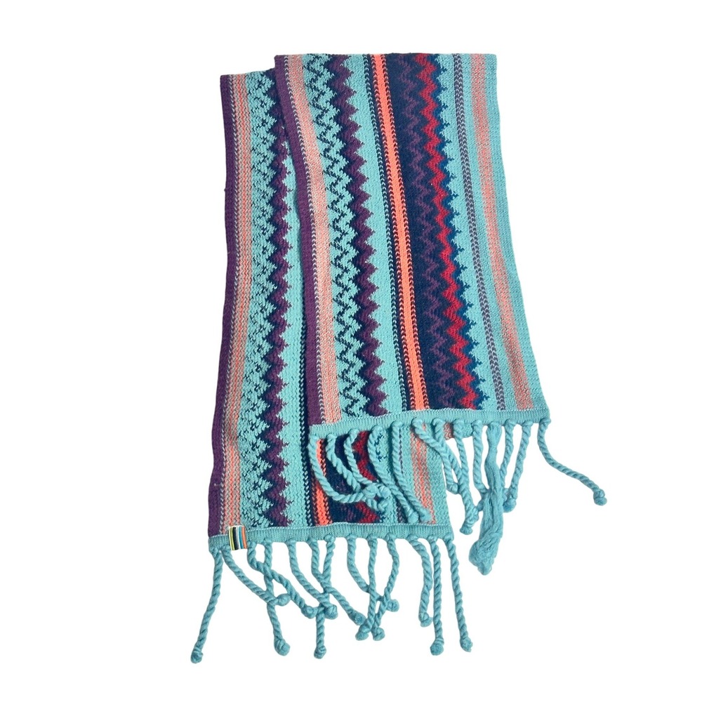 Smartwool Knit Scarf Blue Purple Zig Zag Striped Tassel Fringe Wool Merino Blend